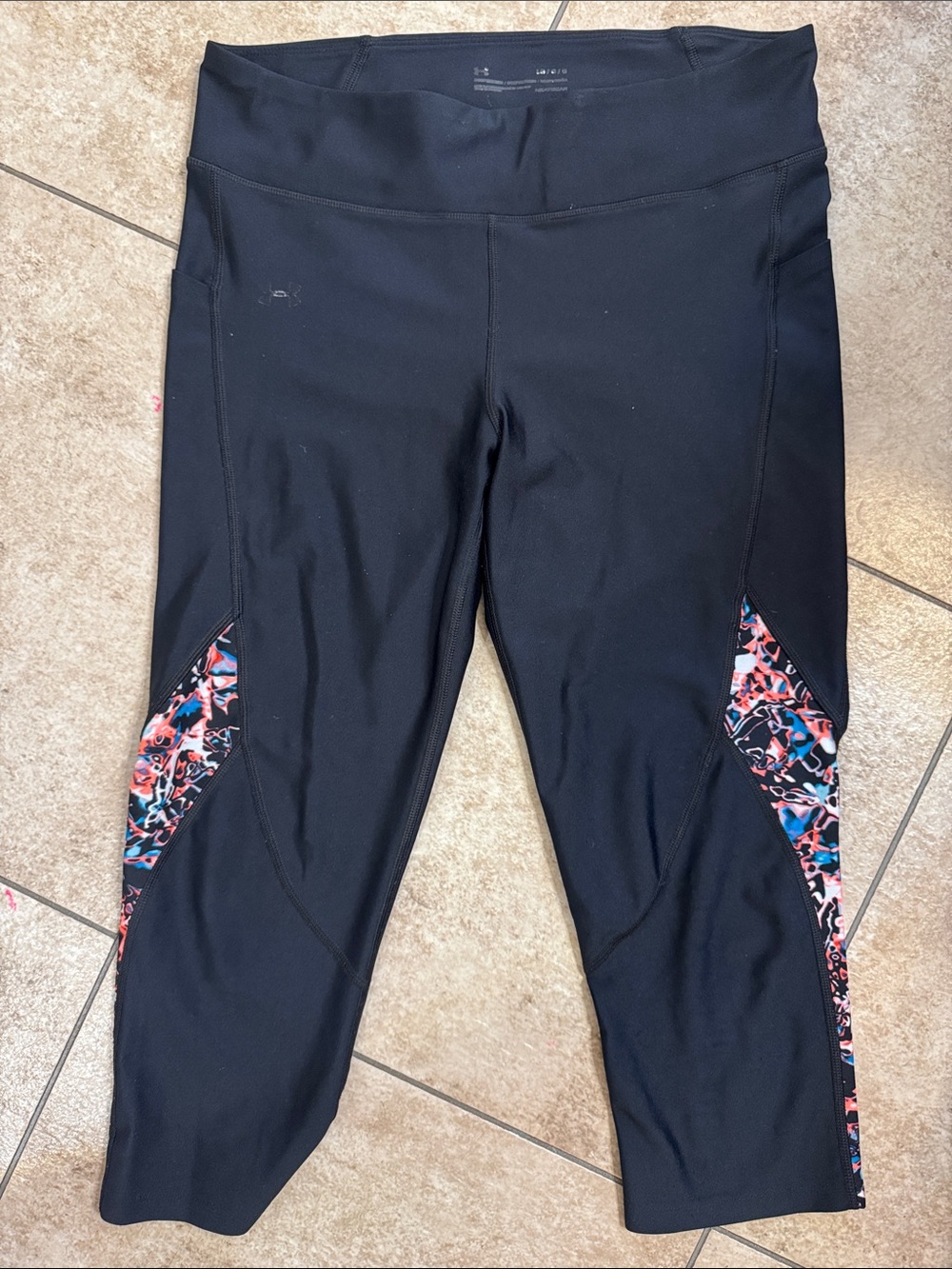 Under Armour Black Capri Leggings with Pink and Blue Floral Panels